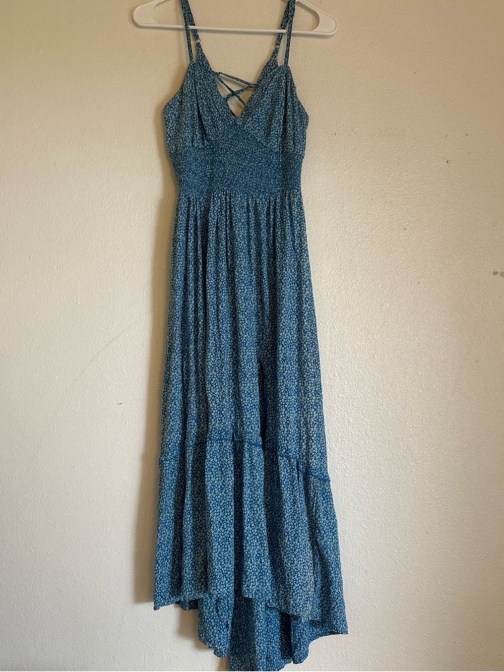 Blue Floral Maxi Dress with Smocked Bodice